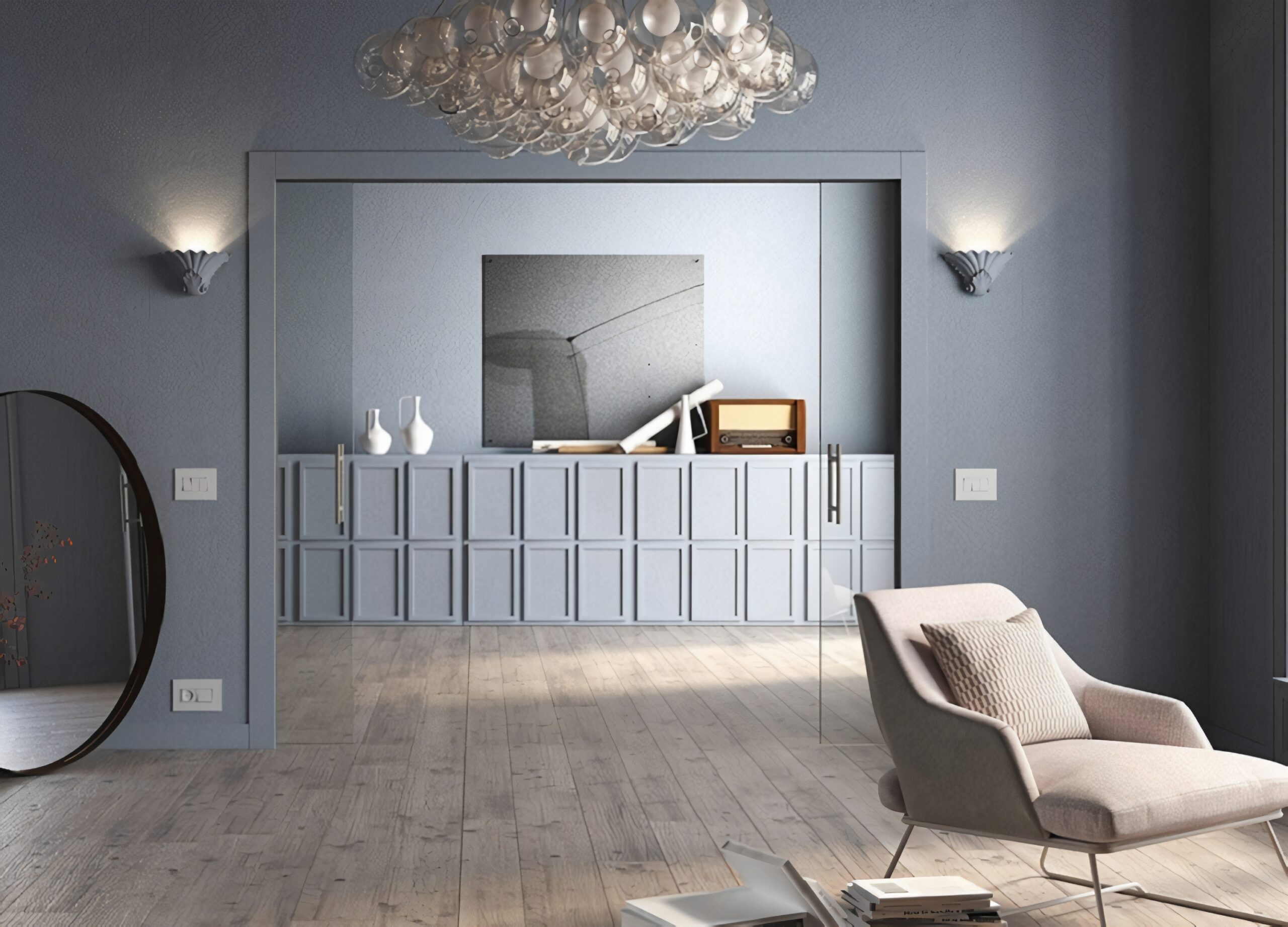 ECLISSE Distant view of clear glass sliding pocket door in grey wall room
