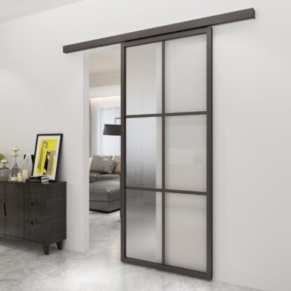 View of black framed crittall style 2x3 sliding glass door