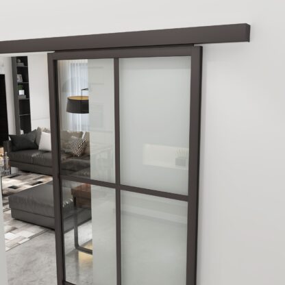 Clear glass sliding door with brown wood