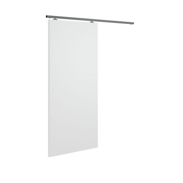 The ECLISSE Wall Mounted Sliding Door Kit-2m Track-Paris 1 features a plain white sliding door installed on a black horizontal track, perfect for use as an ECLISSE Pocket Door and shown against a white background.