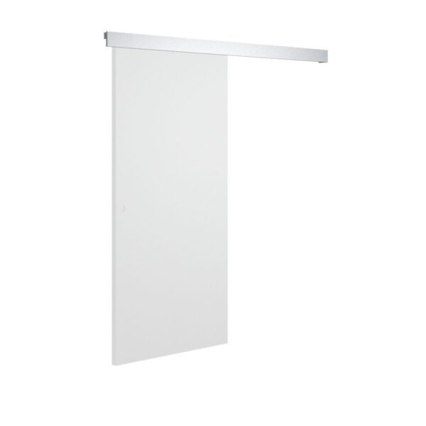 The ECLISSE Wall Mounted Sliding Door Kit and Pelmet - 2m Track - Paris 2 features a minimalist white sliding door with a silver horizontal track, shown on a plain background to emphasise its modern, sleek appeal for contemporary interiors.