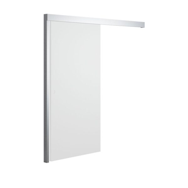 The ECLISSE Wall Mounted Sliding Door Kit, Pelmet and Door Post-2m Track-Paris 3 features a minimalistic frameless frosted glass door with a silver metal top track and handle—an elegant modern sliding door solution.