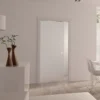 A modern, minimal room with light walls and floors features an ECLISSE Pocket Door System - Classic Single Plain Satin 8mm Glass with Stainless Steel Round Handle, a white dining table with clear chairs, fruit on the table, and two vases with abstract branches.