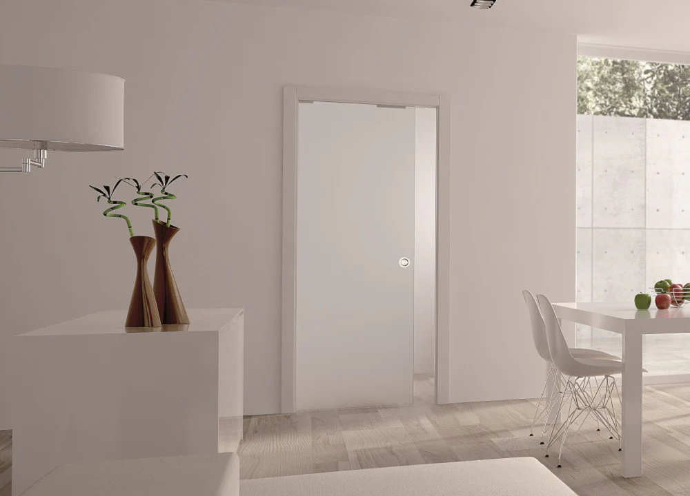 ECLISSE Pocket Door System – Classic Single Plain Satin 8mm Glass Stainless Steel Round Handle
