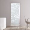 A modern minimalist room with an ECLISSE Pocket Door Systems Classic Single Glass Door (10mm, patterned), white walls, light wood floor, white furniture, and two tall vases on a side cupboard.