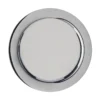 The AURA Round Flush Pull Handle Set for sliding pocket doors features a shiny, silver-coloured, smooth metal plate with a slightly raised edge, designed as an elegant accessory and shown against a plain white background.