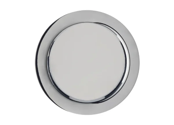 The AURA Round Flush Pull Handle Set for sliding pocket doors features a shiny, silver-coloured, smooth metal plate with a slightly raised edge, designed as an elegant accessory and shown against a plain white background.