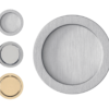 Four AURA Round Flush Pull Handle Sets for sliding pocket doors in matt silver, shiny silver, matt gold, and brushed silver are displayed vertically on a white background.