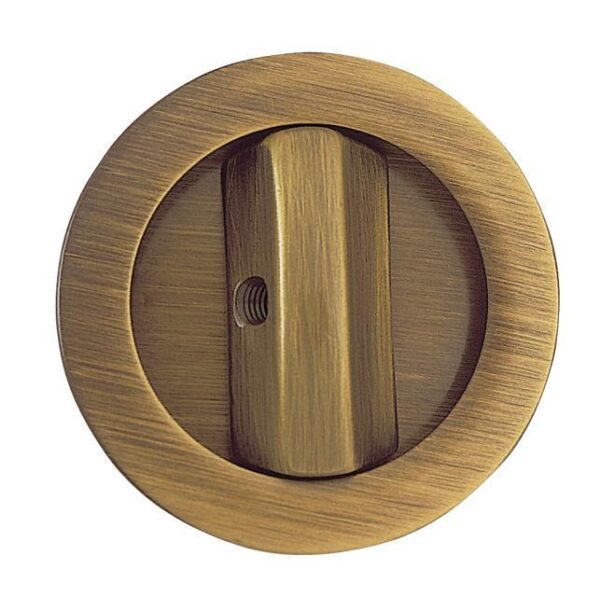A close-up of the ECLISSE Sliding Door Bathroom Lock - Round, featuring a brass-coloured thumbturn and brushed metal finish, displayed against a white background.
