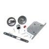 The ECLISSE Sliding Door Bathroom Lock - Round, a silver set with lock body, two round handles, metal plate, screws, and more—ideal for pocket doors and displayed neatly on a white background.