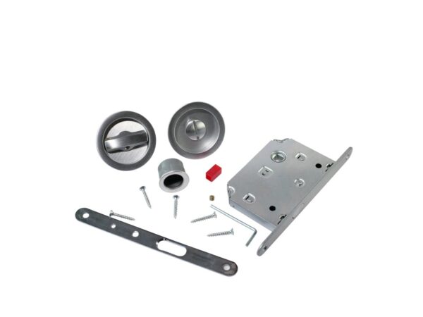 The ECLISSE Sliding Door Bathroom Lock - Round, a silver set with lock body, two round handles, metal plate, screws, and more—ideal for pocket doors and displayed neatly on a white background.