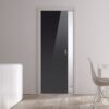 A modern, minimalistic room with an ECLISSE Pocket Door Systems - Classic Single Glass Doors 10mm (plain or patterned), white walls, wooden floor, a white cupboard left with two tall vases, and a white dining table and chair by the large window.