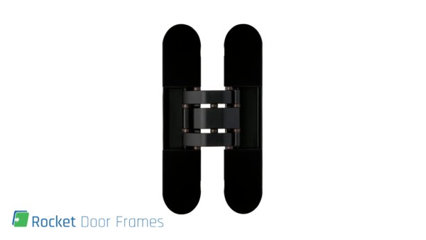 A black Rocket Door Frames - ULTRA Flush Hinged with rounded ends is centred on a white background in a closed position, ideal for pocket doors. The Rocket Door Frames logo appears in the bottom left corner.