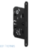 A black, rectangular mortice lock with multiple cut-outs and holes, mounted vertically—ideal for Rocket Door Frames - ULTRA Flush Hinged. The Rocket Door Frames logo and text are shown in the bottom left on a white background.