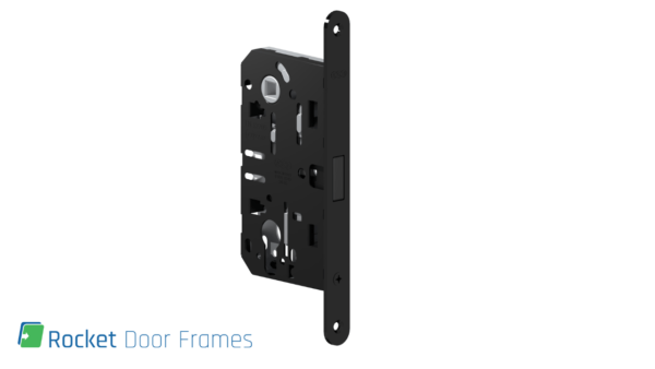 A black, rectangular mortice lock with multiple cut-outs and holes, mounted vertically—ideal for Rocket Door Frames - ULTRA Flush Hinged. The Rocket Door Frames logo and text are shown in the bottom left on a white background.