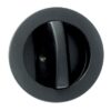 Black circular knob with a vertical handle, viewed from above, designed for ECLISSE Sliding Door Bathroom Lock - Round, against a white background.
