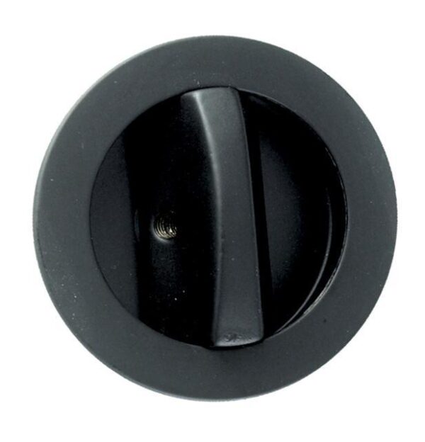 Black circular knob with a vertical handle, viewed from above, designed for ECLISSE Sliding Door Bathroom Lock - Round, against a white background.