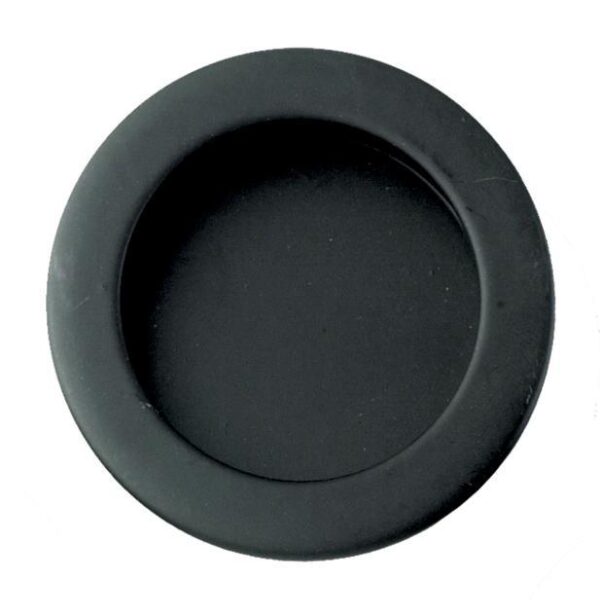 The Flush Pull Round Handle - Dia 57mm is a round, black handle with a recessed centre, designed for ECLISSE Pocket Doors and shown from above against a white background.