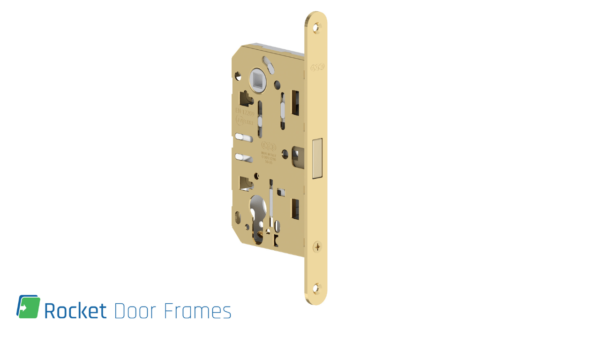 A Rocket Door Frames - ULTRA Flush Hinged mechanism for hinged doors stands vertically against a white background, with the Rocket Door Frames logo and text visible in the bottom left corner.