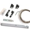 The ECLISSE Co-ordination Kit for Syntesis Flush Double Door System includes metal cables, a long metal rail with a white wheel, two black and white pulleys, bracket, plastics, spring, and screws. All parts are displayed on a white background.