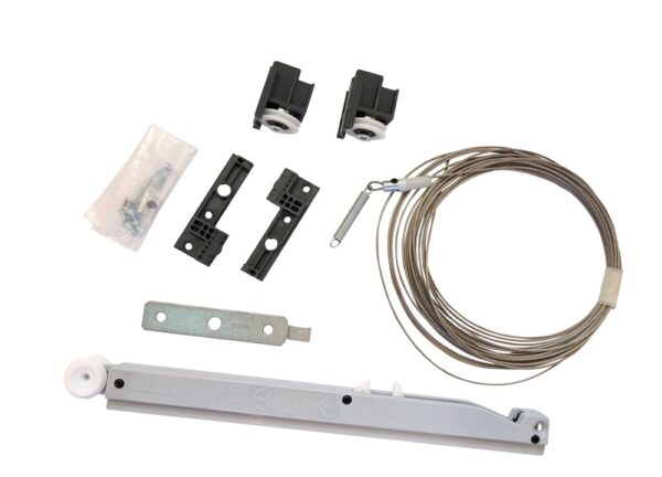 The ECLISSE Co-ordination Kit for Syntesis Flush Double Door System includes metal cables, a long metal rail with a white wheel, two black and white pulleys, bracket, plastics, spring, and screws. All parts are displayed on a white background.