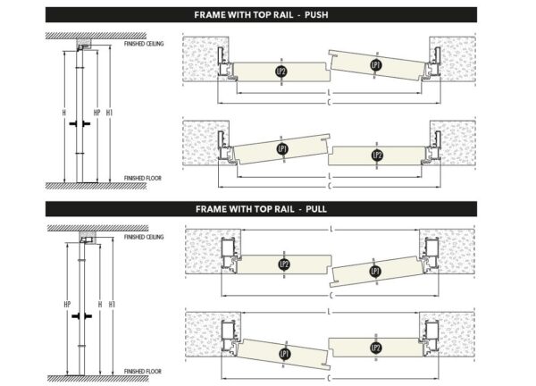 Technical diagram of the ECLISSE Door System - Syntesis® Hinged Double, showing side and top views with top rails in push/pull setups, sliding or pocket door options, cross-sections, and dimensions relative to ceiling and floor.