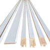 Six ECLISSE Classic Double Pocket Door Kit white-painted wooden trim pieces, each with unique cross-sectional shapes and profiles, are displayed in a row on a white background.