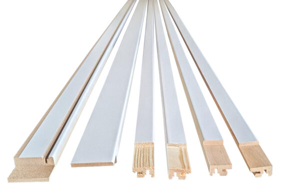 Six ECLISSE Classic Double Pocket Door Kit white-painted wooden trim pieces, each with unique cross-sectional shapes and profiles, are displayed in a row on a white background.