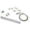 The ECLISSE Co-ordination Kit for Classic Double Door System includes pulleys, metal brackets, screws, a coiled steel cable, and a long plastic trackāall arranged on a white background. Perfect for sliding pocket doors.