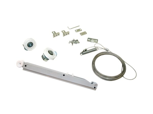 The ECLISSE Co-ordination Kit for Classic Double Door System includes pulleys, metal brackets, screws, a coiled steel cable, and a long plastic trackāall arranged on a white background. Perfect for sliding pocket doors.