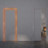 Two closed doors in a grey room; one is an ECLISSE Classic Fire-Rated Pocket Door Kit – Single, glowing with orange light and faint smoke, while the other is open, revealing a cosy room with a fireplace and elegant white decor.