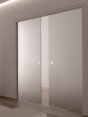 ECLISSE Pocket Door System – Classic Double Plain Satin 8mm Glass Stainless Steel Round Handle