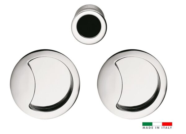Three circular, chrome-finished metal objects with a modern design are shown on a white background. The image displays the ECLISSE logo, an Italian flag, MADE IN ITALY text, and showcases the Half Moon Flush Pull Handle Set for Sliding Pocket Door.