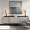 A modern living room features a geometric cabinet, two table lamps, abstract wall art, a mauve armchair, and the Rocket Door Frames - 75mm Fire Rated Pocket Door Kit (FD30 Approved) in the background with visible branding.