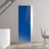Modern interior featuring a blue ECLISSE Syntesis® Flush (No Architrave) 10mm Glass Pocket Door System Coloured, white walls, wood floor, minimal furnishings. A grey diagonal banner reads “No Architrave.”.