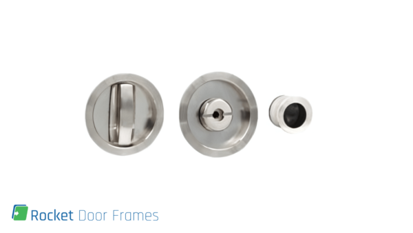 Three Rocket Door Frames - Round Bathroom Locks are arranged in a row on a white background, ideal for pocket or sliding doors. The Rocket Door Frames logo and name appear in the lower left corner.