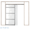 A partially open white sliding pocket door reveals the metal frame structure inside a wooden wall. Text below reads "Rocket Door Frames - 70mm Pocket Door Kit" with a green and blue logo, inspired by ECLISSE pocket door design.