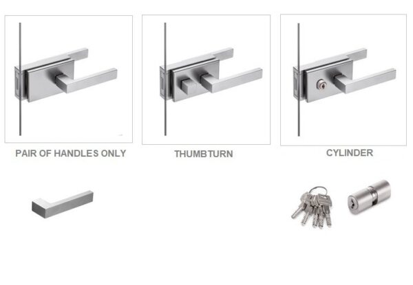 Three York Door Handle options for Glass Hinged Doors are shown: plain, with thumbturn lock, and with cylinder lock and keys. Images of the handle, keys, and cylinder are also displayed below.