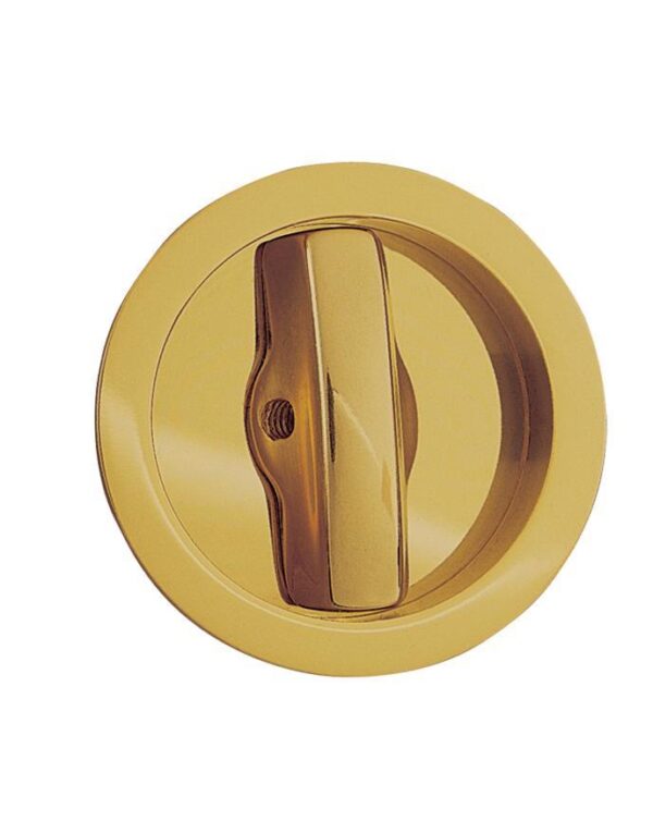 A close-up of the ECLISSE Sliding Door Bathroom Lock - Round shows its gold-coloured, polished thumbturn centred on a circular base—perfect for pocket door systems, set against a white background.