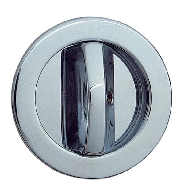 A close-up of the ECLISSE Sliding Door Bathroom Lock - Round, a metallic chrome lock with a central rotating handle, designed for sliding doors, shown against a white background.