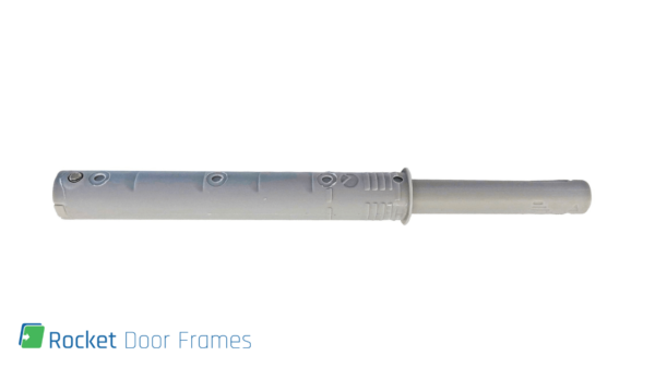 A Rocket Door Frames - Push Pull wall plug anchor is displayed horizontally on a white background, perfect for pocket doors. The Rocket Door Frames logo is visible in the bottom left corner.