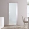 A modern, minimalistic room with an ECLISSE Pocket Door Systems - Classic Single Glass Doors 10mm Plain or Patterned featuring a geometric square pattern, white furniture, a white dining table with fruit, and light wooden flooring.