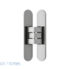 A silver hinge for the Rocket Door Frames – ULTRA Flush Hinged is centred on a white background, with the Rocket Door Frames logo and name in the bottom left corner.
