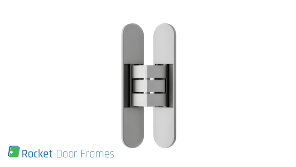 A silver hinge for the Rocket Door Frames – ULTRA Flush Hinged is centred on a white background, with the Rocket Door Frames logo and name in the bottom left corner.