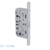 Silver door lock mechanism with multiple holes and slots, mounted on a flat plate—ideal for Rocket Door Frames - ULTRA Flush Hinged. The Rocket Door Frames logo and text appear in the bottom left corner of the white background.