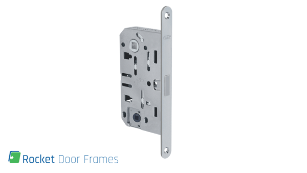Silver door lock mechanism with multiple holes and slots, mounted on a flat plate—ideal for Rocket Door Frames - ULTRA Flush Hinged. The Rocket Door Frames logo and text appear in the bottom left corner of the white background.