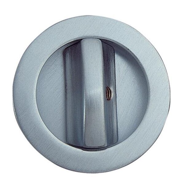 A close-up of the ECLISSE Sliding Door Bathroom Lock - Round shows its brushed metallic thumbturn, centred within a circular plate and designed specifically for ECLISSE pocket doors.