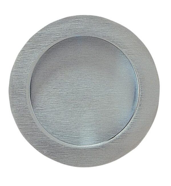 The Flush Pull Round Handle - Dia 57mm is a brushed silver metal pull with a recessed centre and raised edge, shown top-down on a white background—perfect as an ECLISSE pocket door pull for modern sliding doors.