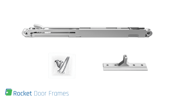 The Rocket Door Frames - Soft Close for Glass Doors kit, including a silver closer, small mounting plate, and screw bag for sliding doors, is shown on a white background with the Rocket Door Frames logo in the lower left corner.
