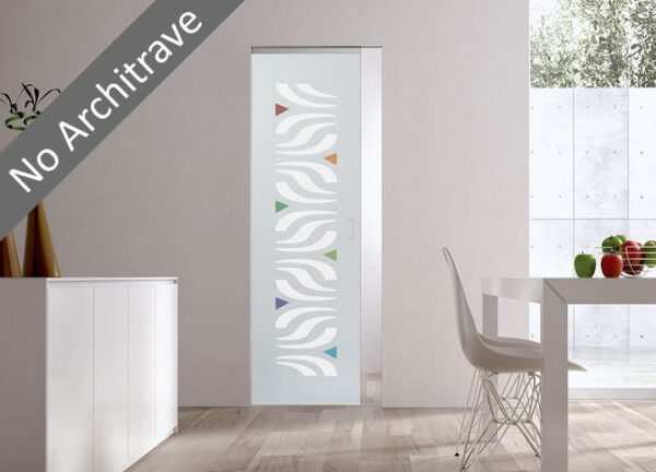 Modern interior with an ECLISSE Syntesis® 10mm Flush Glass Pocket Door System in patterned glass. The top left features a grey “No Architrave” banner. Minimalist white furniture and a window with greenery complete the scene.